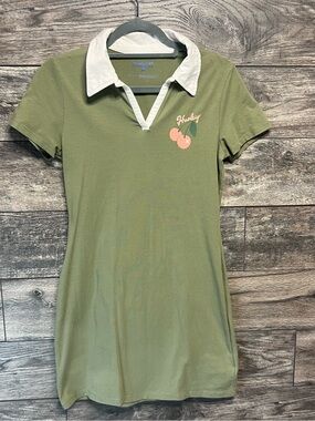 Hurley Olive Green Polo Mini Dress with Cherry Graphic Women’s Small